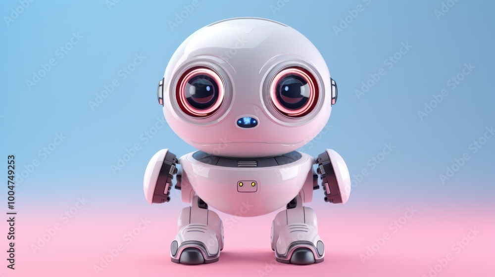 A cute, small robot with large expressive eyes stands against a light blue and pink gradient background, emanating a sense of curiosity and friendliness. A cute, small robot with large expressive eyes stands against a light blue and pink gradient background, emanating a sense of curiosity and friendliness.