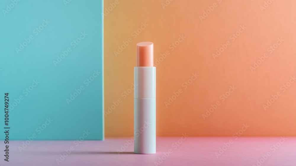 A white lip balm sits on a colorful background A white lip balm sits on a colorful background