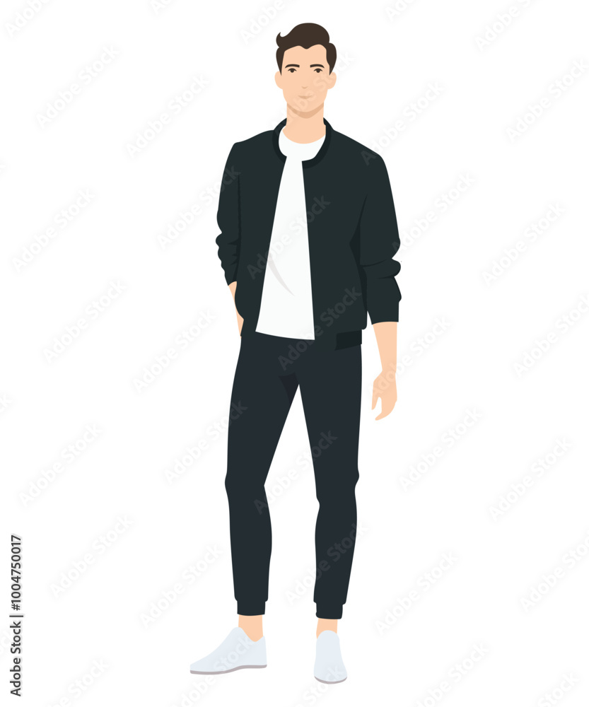Vector illustration of a man in a black jacket, white t-shirt and black pants. Classic casual style