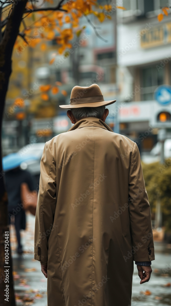 Fototapeta premium A man in a trench coat and hat walking down the street