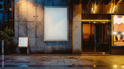 A large white billboard on the side of a building at night photo