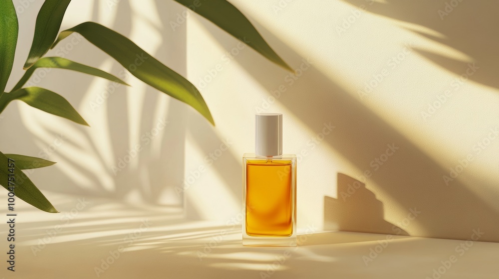 A bottle of perfume is sitting on a table next to a leafy plant A bottle of perfume is sitting on a table next to a leafy plant