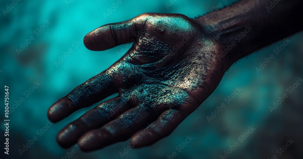 Closeup of a hand covered in vibrant turquoise and gold paint Closeup of a hand covered in vibrant turquoise and gold paint