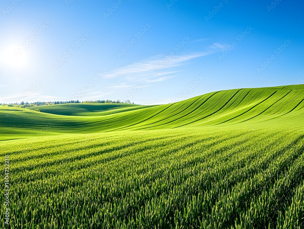 Naklejka premium a vast rural wheat field in spring or summer with blue sky and no clouds