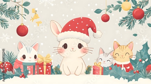 A kawaii Christmas card featuring a cute rabbit in a Santa hat, colorful decorations, and cheerful kittens in Santa suits with a large blank space for writing holiday wishes