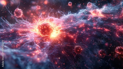 A detailed illustration of exosomes being released from a cell, with small vesicles traveling from one cell to another