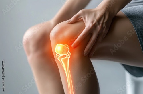 Close-up illustration of a human knee joint with highlighted bones and joints in a conceptual medical graphic for pain or arthritis. photo