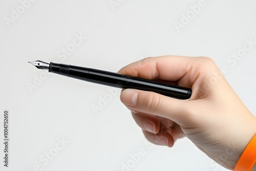 hand holding a black fountain pen