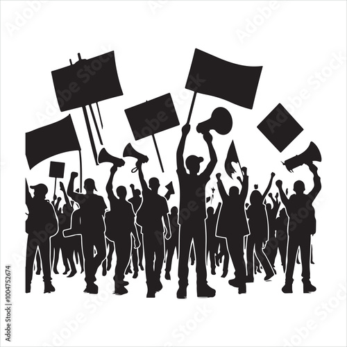 Protest movement with hand-held megaphones, banners silhouette on white background

