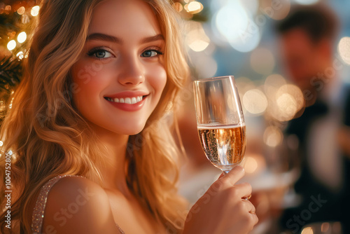 A young attractive elegant woman holding a glass of sparkling wine in her hand.on a Christmas event.