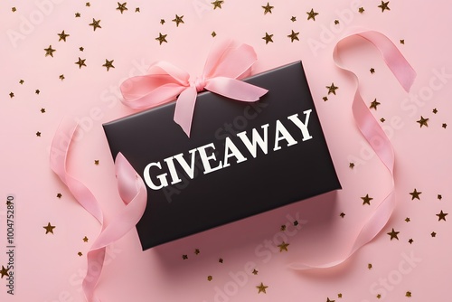 giveaway gift box with pink ribbon on pink background