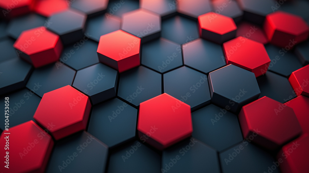 Modern hexagonal tiles with alternating black and red elements, creating a bold geometric pattern, perfect for futuristic designs, technology visuals, or industrial aesthetics. Modern hexagonal tiles with alternating black and red elements, creating a bold geometric pattern, perfect for futuristic designs, technology visuals, or industrial aesthetics.
