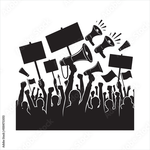 Protest movement with hand-held megaphones, banners silhouette on white background
