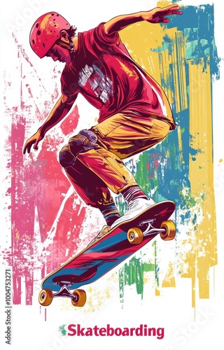 A skater performs a vibrant ollie against a colorful abstract backdrop in a modern urban setting