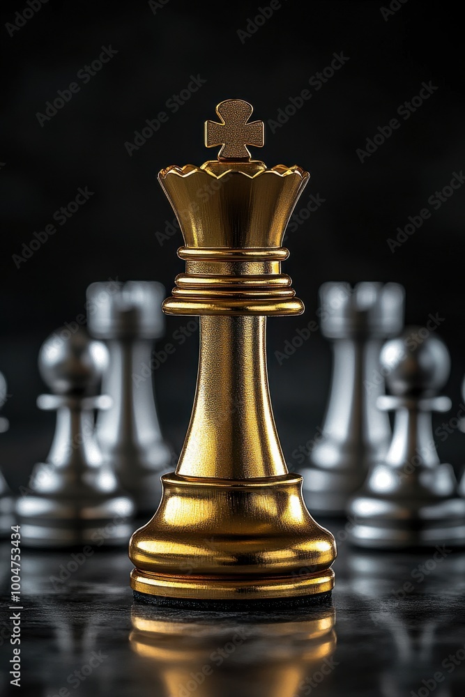 A gold king chess piece stands out among silver pieces, symbolizing leadership and strategy