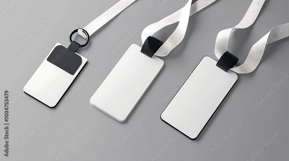 Three blank white ID cards with black lanyards and white ribbons on a ...