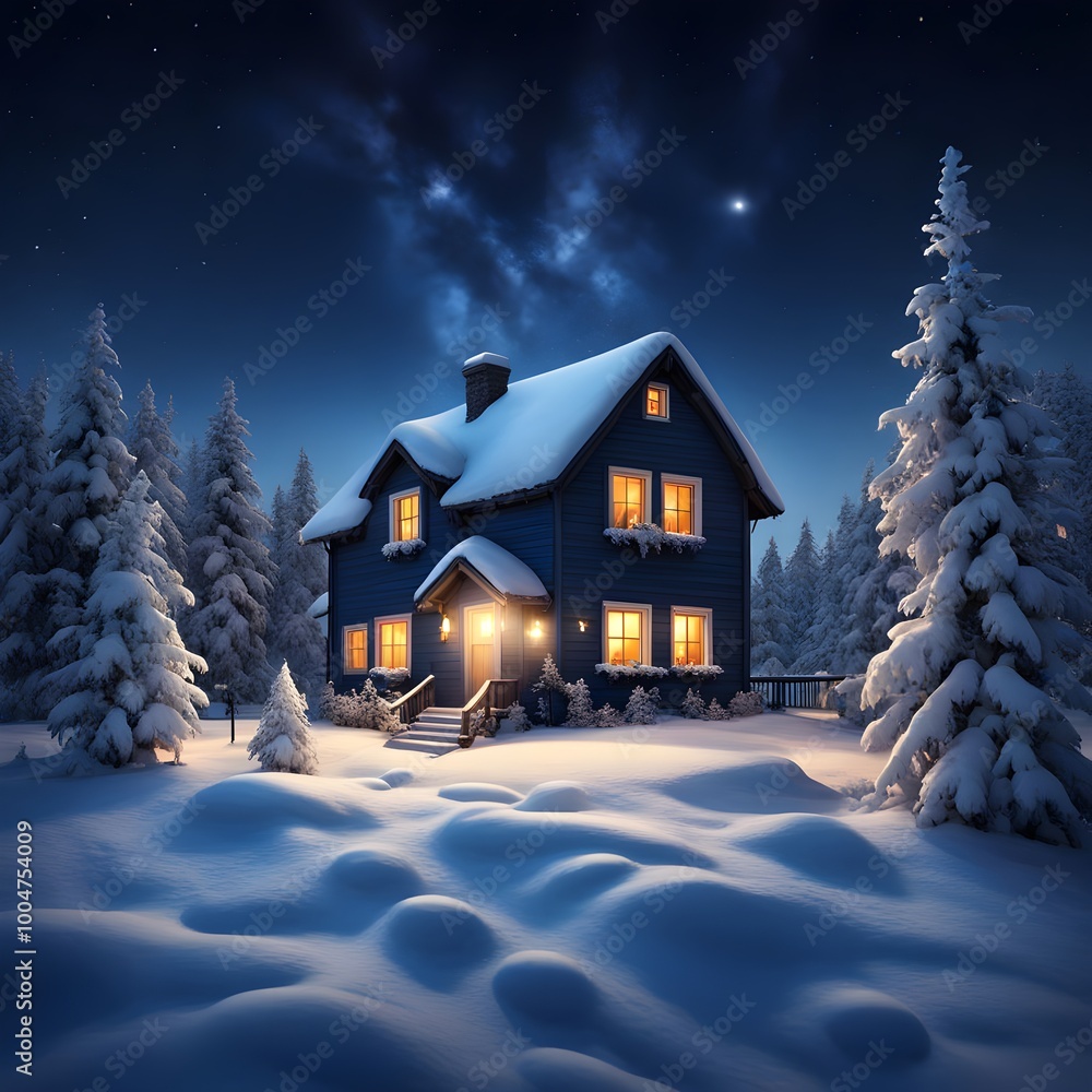 A snowy house under a dark blue sky with glowing stars, including one big star, creating a magical Christmas landscape.
A snowy house under a dark blue sky with glowing stars, including one big star, creating a magical Christmas landscape.
