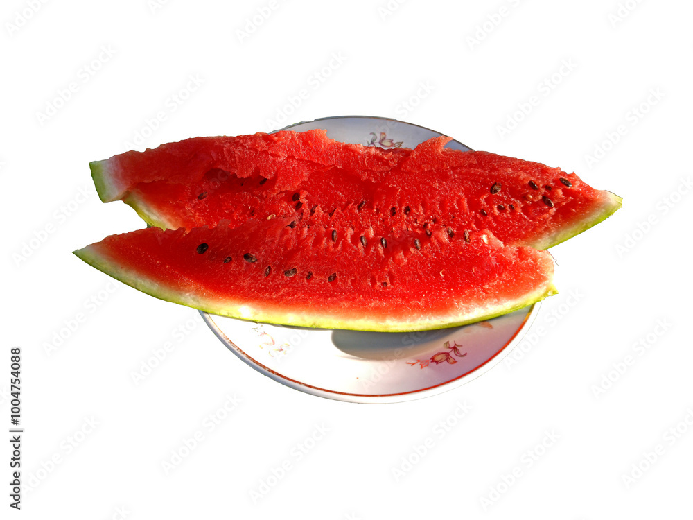 Slices of ripe watermelon on a plate - color photo, isolate for design Slices of ripe watermelon on a plate - color photo, isolate for design