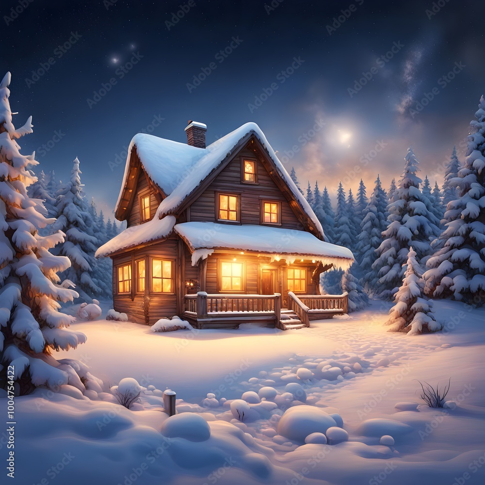 Charming winter scene with a house surrounded by snow, small stars in the sky, and a glowing Christmas star, christmas landscape Charming winter scene with a house surrounded by snow, small stars in the sky, and a glowing Christmas star, christmas landscape