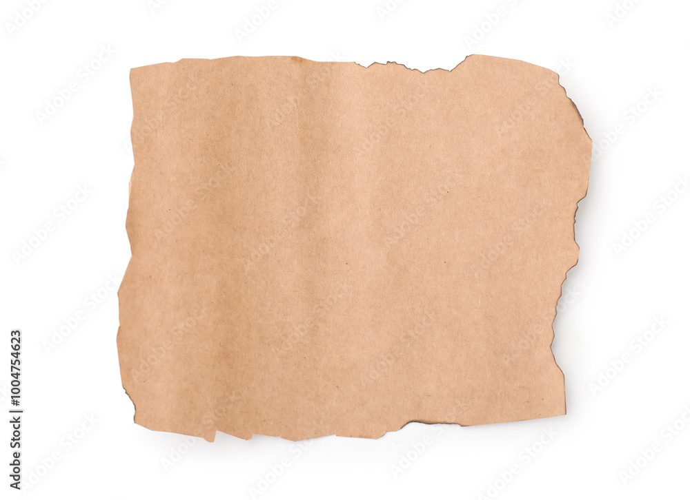 Piece of old paper with dark burnt borders isolated on white, top view Piece of old paper with dark burnt borders isolated on white, top view