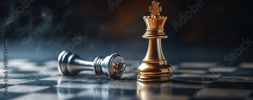 Golden chess piece symbolizing victory and strategy stands on a chessboard with a fallen silver opponent in a dramatic light setting photo