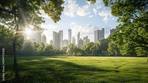 A park in the middle of a big city with skyscrapers