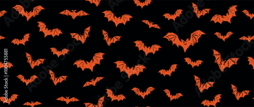 Halloween, bat on black, hand drawn pattern.	
