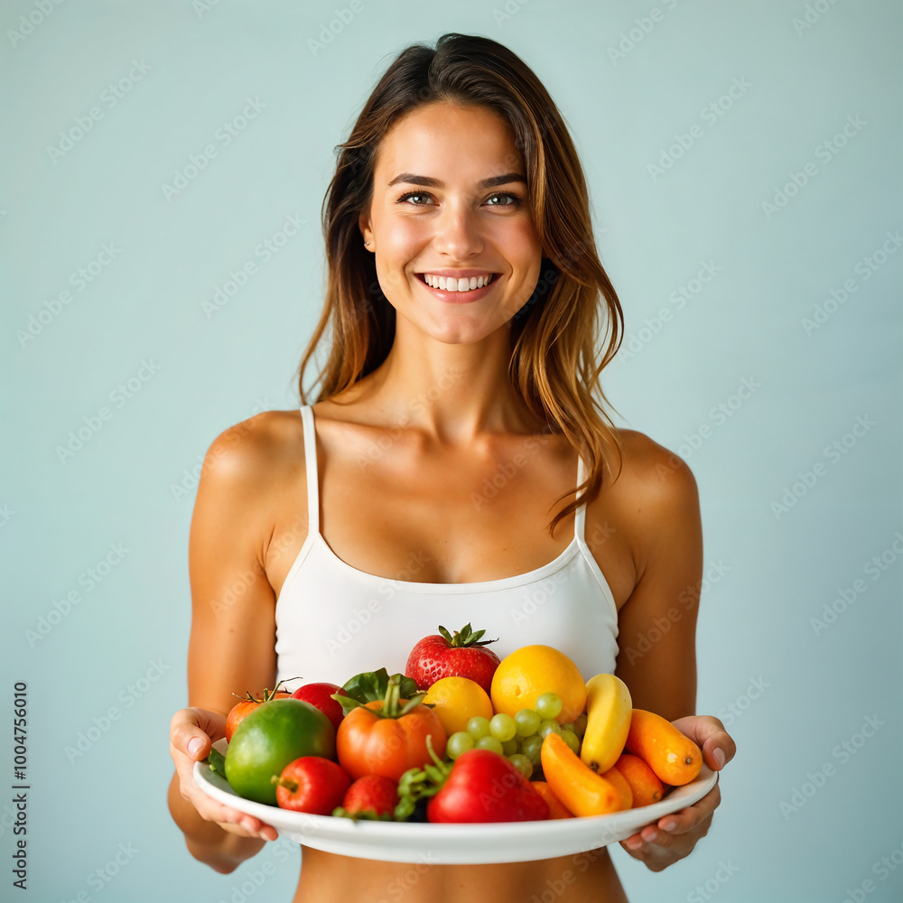 A woman with a radiant, healthy appearance is holding a large plate filled with a variety of colorful fruits and vegetables. Her skin glows, and she has a slim, fit physique that reflects her healthy A woman with a radiant, healthy appearance is holding a large plate filled with a variety of colorful fruits and vegetables. Her skin glows, and she has a slim, fit physique that reflects her healthy