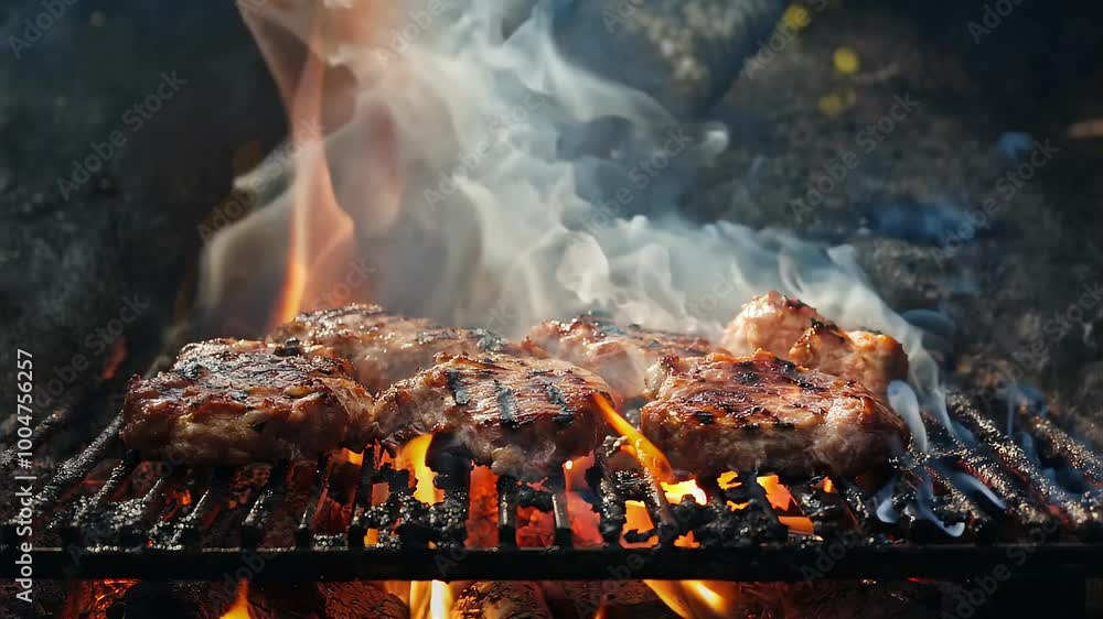 Seamless Looping Background of Juicy Meat Grilling on Open Flame BBQ Seamless Looping Background of Juicy Meat Grilling on Open Flame BBQ