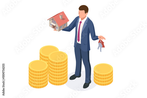 Isometric Real estate buying lending. Business real estate investment and financial. Buying a house can generate rental profit. It highlights ROI Return on Investment or mortgage.