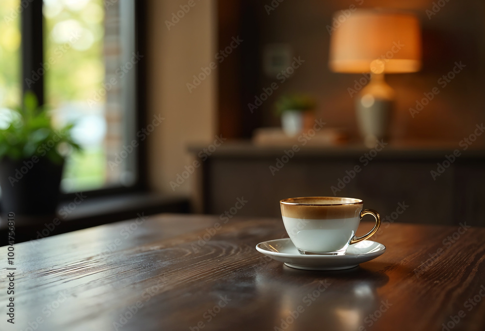 A minimalistic and luxurious lifestyle coffee scene A single glass expresso cup with a golden rim sits on a large dark wooden table near a large window. The background shows a cozy, A minimalistic and luxurious lifestyle coffee scene A single glass expresso cup with a golden rim sits on a large dark wooden table near a large window. The background shows a cozy,