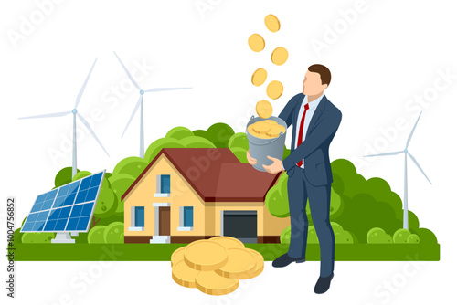 Isometric Real estate buying lending. Business real estate investment and financial. Buying a house can generate rental profit. It highlights ROI Return on Investment or mortgage.
