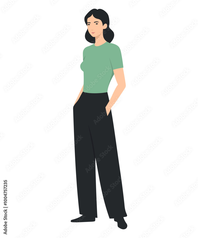 Vector illustration of a girl with a mint t-shirt and black pants. Vector illustration of a girl with a mint t-shirt and black pants.