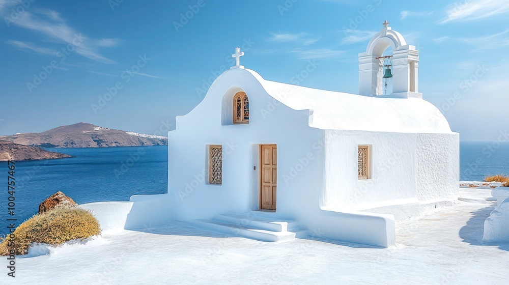 Small White Church in Cyclades with Bell Tower – Simple Cycladic Architecture, Whitewashed Walls, Blue Sky and Sea, Tranquil Mediterranean Landscape, and Peaceful Island Sanctuary Small White Church in Cyclades with Bell Tower – Simple Cycladic Architecture, Whitewashed Walls, Blue Sky and Sea, Tranquil Mediterranean Landscape, and Peaceful Island Sanctuary