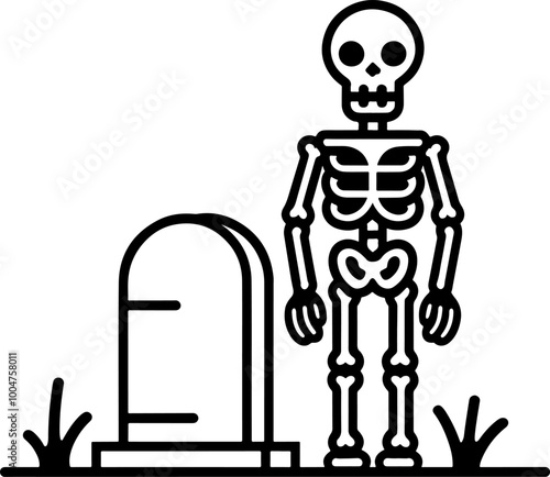 Minimalist skeleton icon with tombstone: Halloween and gothic themes