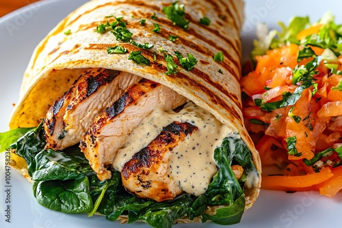 A healthy weight loss wrap with grilled chicken, spinach, and a light yogurt sauce, served alongside a small side salad photo