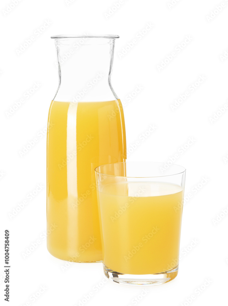 Glass and jug with tasty pineapple juice isolated on white Glass and jug with tasty pineapple juice isolated on white