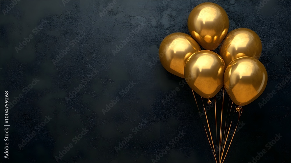 Gold balloons bunch on a black wall background. Gold balloons bunch on a black wall background.