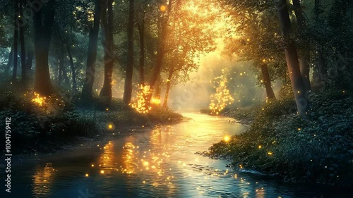 Enchanted Forest Stream with Fireflies Seamless Loop Background