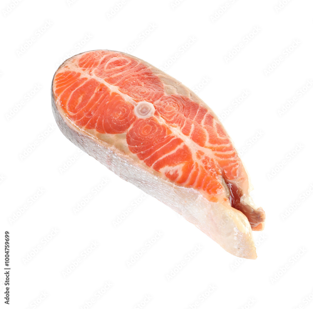 One fresh raw salmon steak isolated on white. Sea food One fresh raw salmon steak isolated on white. Sea food