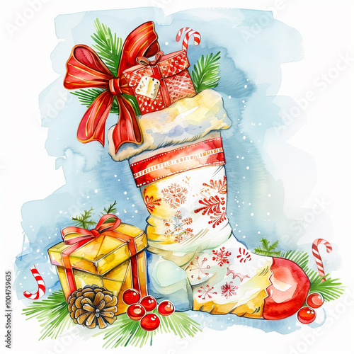 Watercolor hand drawn christmas stocking full of gifts and treats