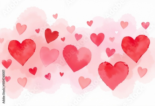 Watercolor Hearts in Red and Pink Hues Representing Love and Romance Against Soft Pink Background