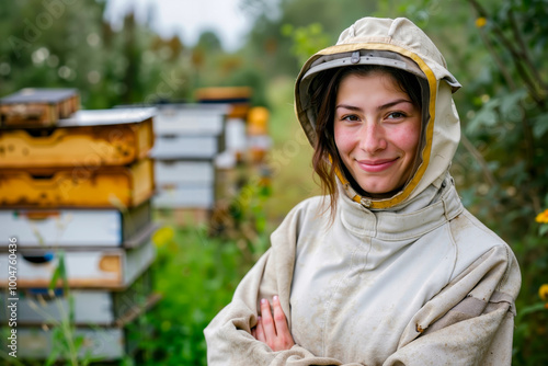 A woman in a bee suit standing in front of a beehive photo