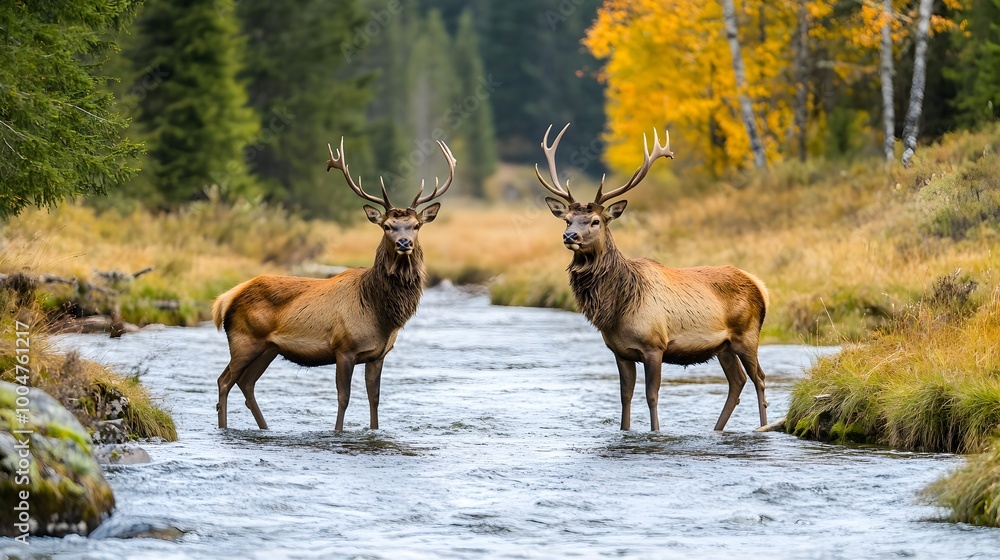 Nature wildlife scene with majestic brown deer in forest standing in a river wild animals portrait in wilderness beautiful male stag with antlers standing alert in autumn landscape among pine trees Nature wildlife scene with majestic brown deer in forest standing in a river wild animals portrait in wilderness beautiful male stag with antlers standing alert in autumn landscape among pine trees