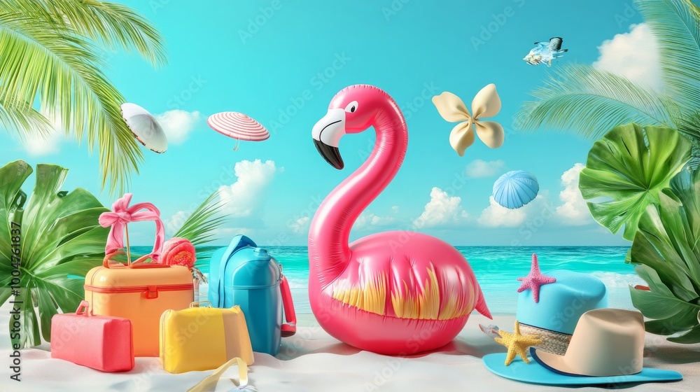 Obraz premium Beach bag with accessories, including an inflatable flamingo, representing a tropical vacation and relaxation theme. 