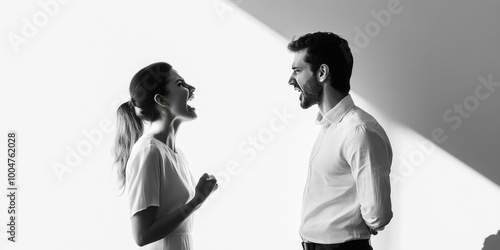 A woman and a man are passionately engaged in a conversation. Their expressions show intensity. This image is in black and white, capturing emotions. A powerful depiction of dialogue. AI