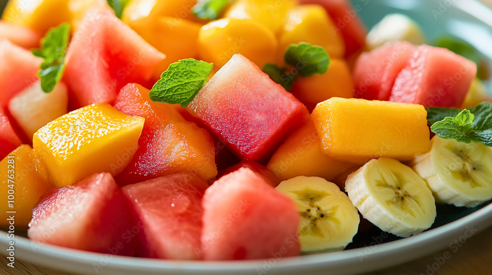 Fresh colorful fruit sliced salad mix with a variety of tropical and organic fruits. Healthy, nutritious, and refreshing summer snack. Perfect for vegan diets and rich in vitamins and antioxidants. Fresh colorful fruit sliced salad mix with a variety of tropical and organic fruits. Healthy, nutritious, and refreshing summer snack. Perfect for vegan diets and rich in vitamins and antioxidants.