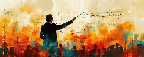 A vibrant illustration of a conductor leading an orchestra, filled with dynamic colors and musical notes in the background.