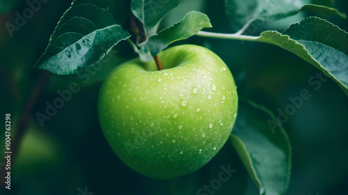 Green apples hanging from a branch on the tree in summer garden, organic agriculture and freshness, embodying healthy nutrition and delicious fruit growth in a natural environment, nature