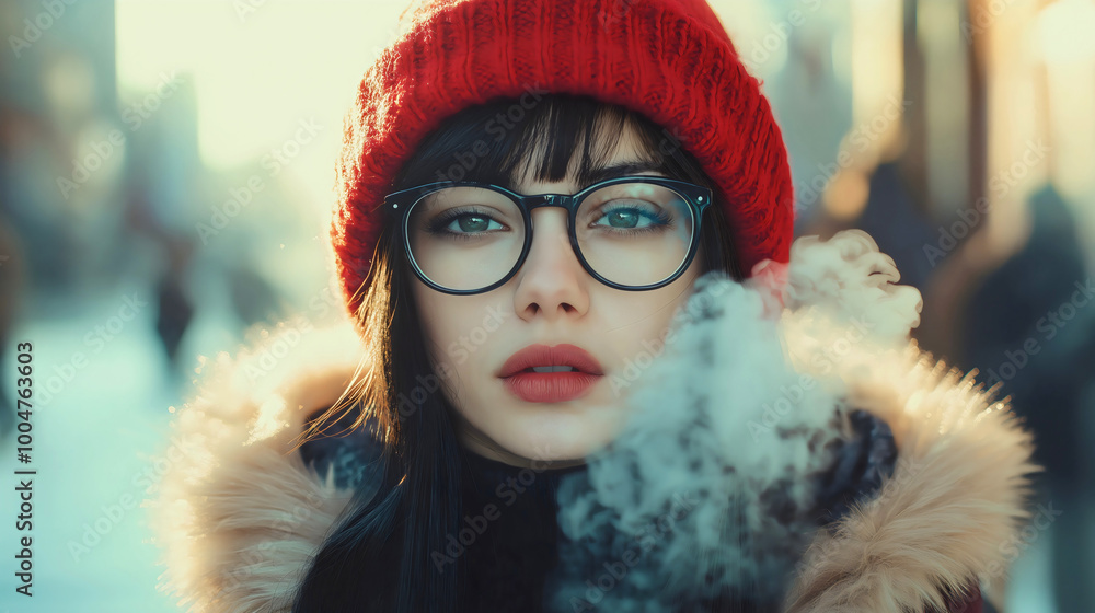 Portrait of young Caucasian woman with black hair, eyeglasses, red cap, jacket, standing outside in cold winter weather with visible breath vapor, the casual fashion during a frost freezing day Portrait of young Caucasian woman with black hair, eyeglasses, red cap, jacket, standing outside in cold winter weather with visible breath vapor, the casual fashion during a frost freezing day